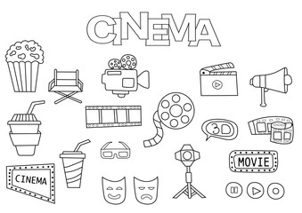 Hand drawn cinema set. Coloring book template.  Outline doodle elements vector illustration. Kids game page.