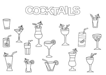 Hand drawn cocktails set. Coloring book template.  Outline doodle elements vector illustration. Kids game page.