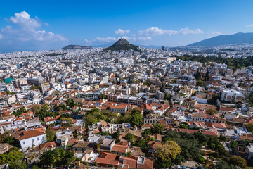 Fototapeta na wymiar Lycabettus mountain and cityscape of Athens seen from Acropolis hill, Greece