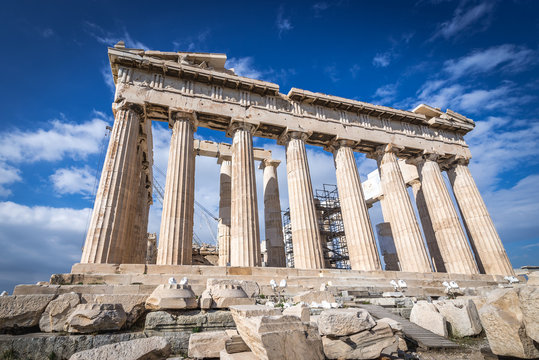 Ancient temple called Parthenon on Acropolis hill in Athens, Greece