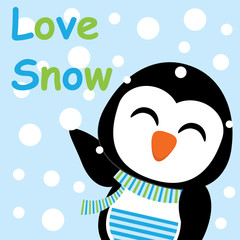 Xmas card with cute penguin vector cartoon, love snow letter, Xmas postcard, wallpaper, and greeting card, vector illustration