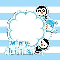 Xmas card with cute penguin and snowman vector cartoon on flower frame, Xmas postcard, wallpaper, and greeting card, vector illustration