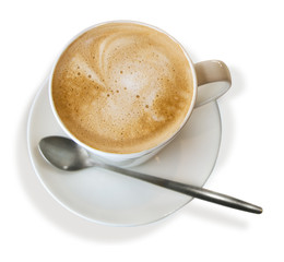 Top view of hot coffee cappuccino cup isolated on white background