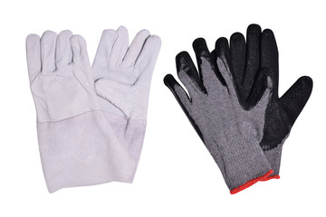 Obraz premium Two pairs of gloves. Gloves for gardening. Welding gloves. The accessory for outdoors work. Isolated on white background