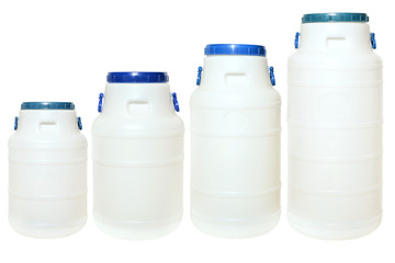 Set of white plastic canisters. Isolated on a white backgroud