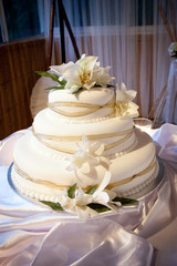 Wedding Cake with Flower and Ribbon Decoration