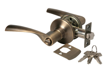 Stainless metal handle with lock isolated on a white background