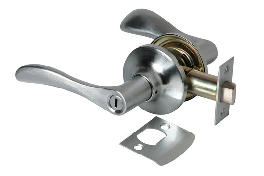 Stainless metal handle with lock isolated on a white background