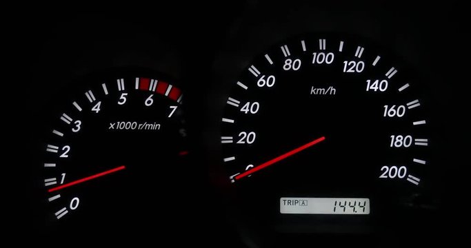 Close up of car dashboard and Odometer,Revving Speedometer and Tachometer