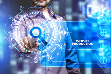 Business, Technology, Internet and network concept. Young businessman working on a virtual screen of the future and sees the inscription: Website production