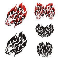 Stylized lion head and butterflies from it. Tribal flaming lion head  in red-black tones and butterflies from it