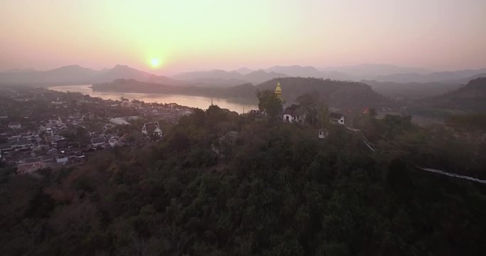 Tourists At That Chomsi, Mount Phousi, Luang Prabang, Laos, Aerial Drone Shot
