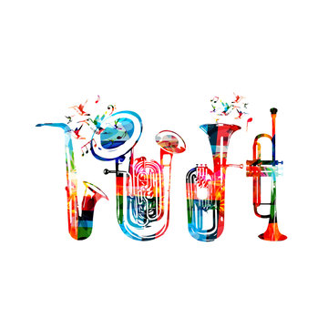 Music instruments background. Colorful saxophone, double bell euphonium, euphonium and trumpet isolated vector illustration