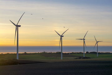 Obraz premium a group of 4 wind turbines standing ready for a new day of clean energy