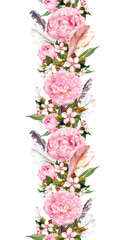 Floral border with pink peony flowers, cherry blossom and bird feathers. Repeating boho banner. Watercolor