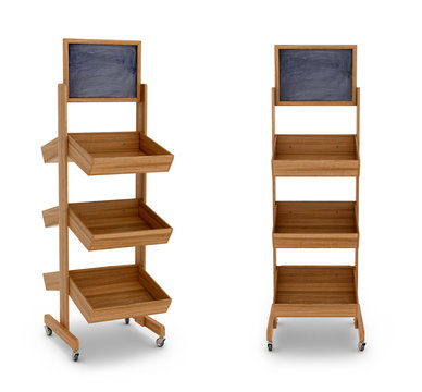Wooden rack shelf on wheels. 3D illustration