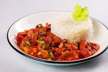 Red Beans with Sausages, Pancetta, Celery Stalks and Rice