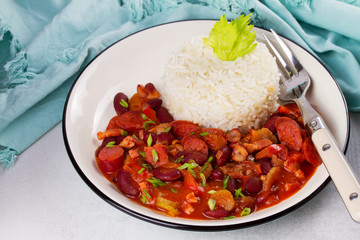 Red Beans with Sausages, Pancetta, Celery Stalks and Rice