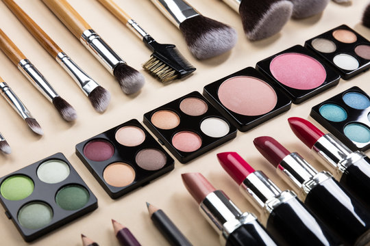 Various Type Of Makeup Brushes And Make-up Products