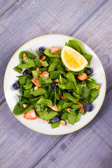 Spinach, salmon, blueberries and walnuts salad on white plate. View from above, top studio shot