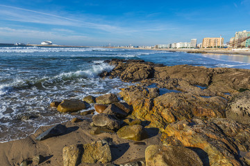 Atlantic Ocean rocky beach in Porto city, Portugal
