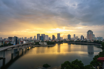 Obraz na płótnie Canvas Aerial skyline view of Hanoi. Hanoi cityscape at twilight at Hoang Cau lake