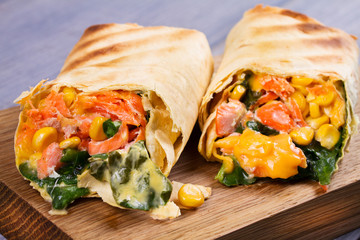 Salmon, Spinach, Cheddar and Corn Burritos. Fish Wraps