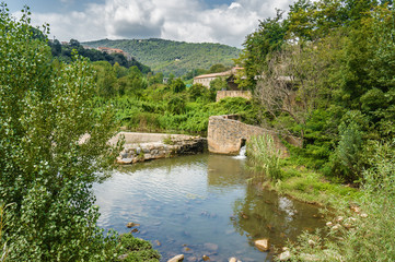 Cloudy view of Castelfollit de la Roca, La Garrotxa province, Catalonia, Spain.