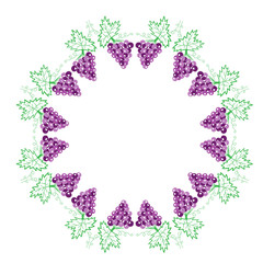 Vine with leaves and grapes frame pattern embroidery stitches imitation on the white background