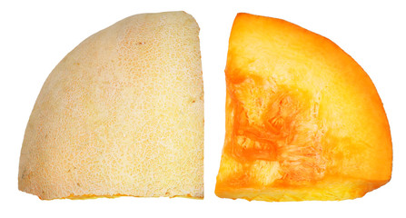 Two quarters of ripe orange pumpkin.