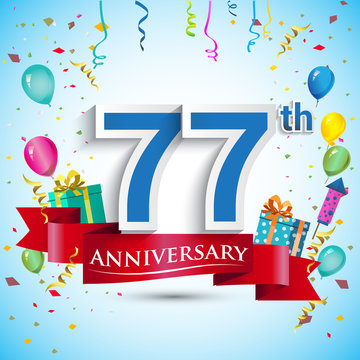 77th Years Anniversary Celebration Design, with gift box and balloons, Red ribbon, Colorful Vector template elements for your seventy seven birthday celebrating party.