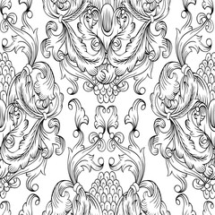 Black damask seamless pattern. Hand drawn ornamental element. Seamless textured background.