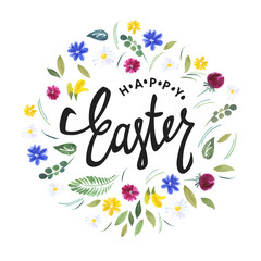 Fototapeta na wymiar Happy Easter. Watercolor flowers and calligraphy vector greetings.