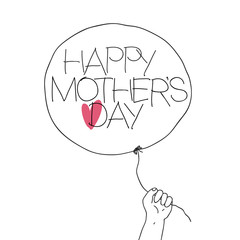 Child hold the thread of balloon with greeting text and heart sign. Vector illustration of outline sketch Mother's day with hand-drawn text and red heart on balloon. 