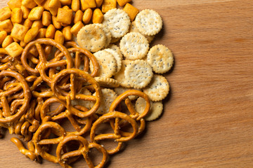 Salty snacks. Pretzels, chips, crackers