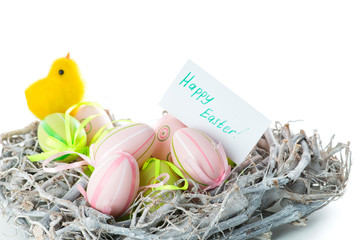 Easter eggs and yellow chicken, concept