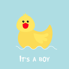 Baby shower card with funny yellow duck bird toy. Its a boy. Cute cartoon character. Sea ocean wave. Blue background. Flat design.