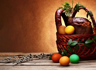 Traditional Easter basket with food.copy space.Traditioanl ester food