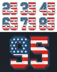 Set Retro Number America Flag, black White Background, T Shirt , Poster, Vector.