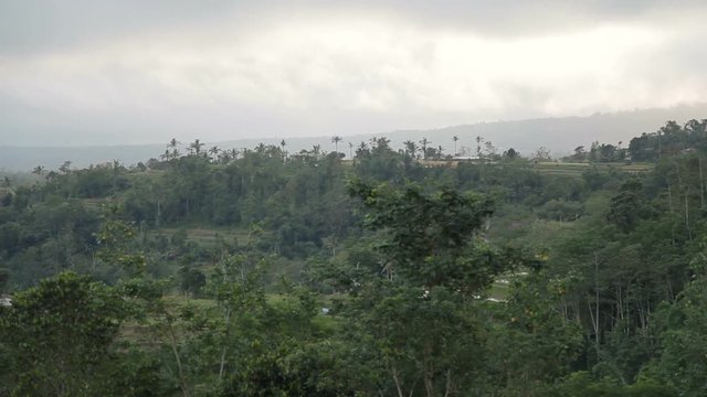 Panorama view on agricultural fields near Batur volcano Kintamani. Winter rainy and cloudy season. Bali Indonesia.