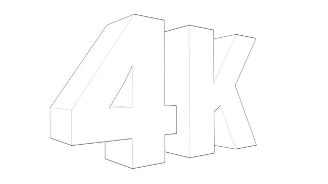 The 4K video symbol. The sign rotates. The camera flies around with voluminous letters 4K. Black mesh, polygonal letters on a white background
