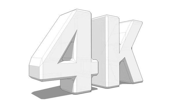 The 4K video symbol. The sign rotates. The camera flies around with voluminous letters 4K. Black mesh, polygonal letters on a white background