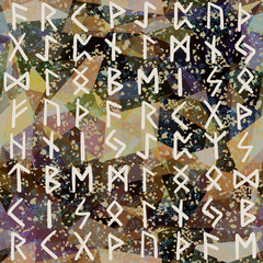 Abstract seamless pattern. Runes, grunge texture on geometric background. Colorful futhark alphabet decoration design
