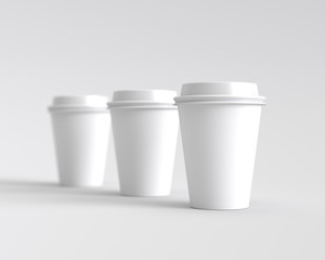 Paper cups with caps isolated on gray background, 3D rendering