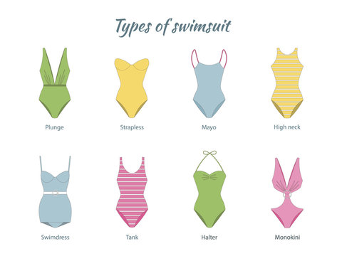 Vector Illustration of one piece swimsuits. Various types of women beach clothes. Modern and retro models.