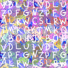 Abstract seamless pattern. Letters, grunge texture on geometric background. Colorful alphabet decoration design