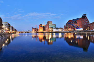 Fototapeta na wymiar Illuminated Inner Harbor of Duisburg/ Germany