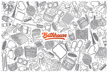 Hand drawn Bathhouse doodle set background with red lettering in vector