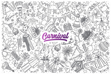 Hand drawn Carnival doodle set background with purple lettering in vector