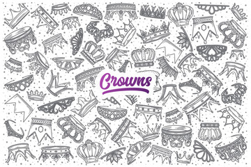 Hand drawn Crowns doodle set background with purple lettering in vector